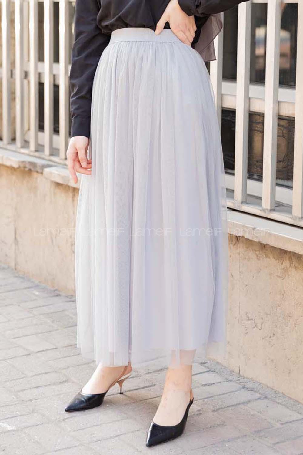 Modalamelif Beli Lastikli Tül Etek Gri