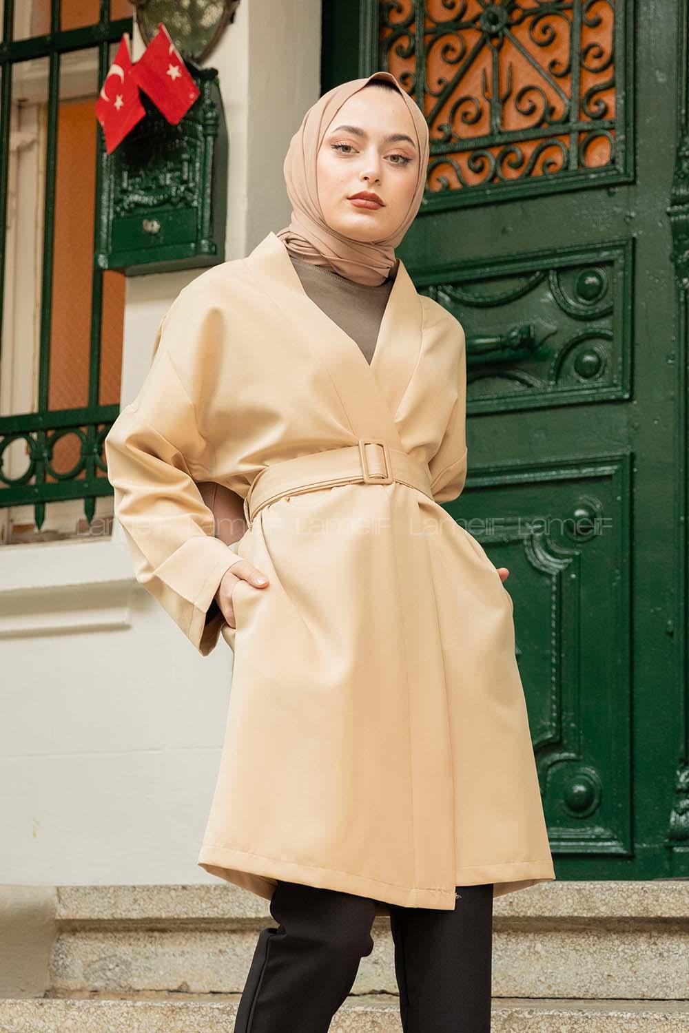 Modalamelif Çift Cepli Kemerli Kimono Bej