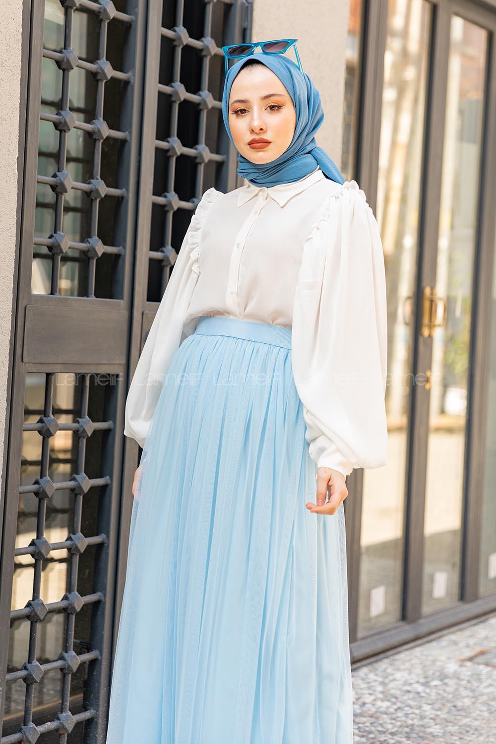 Modalamelif Fırfır Detaylı Balon Kol Gömlek Beyaz