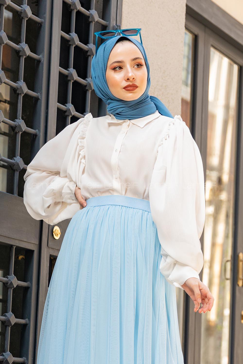 Modalamelif Fırfır Detaylı Balon Kol Gömlek Beyaz