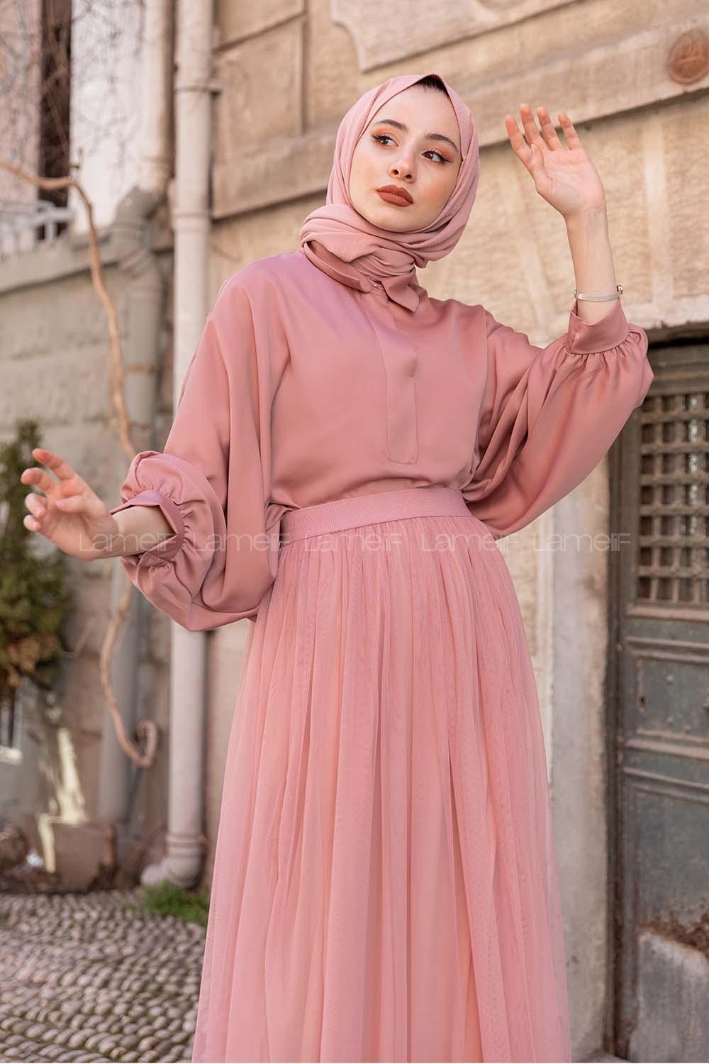 Modalamelif Yarasa Kol Gömlek Yaka Bluz Gül