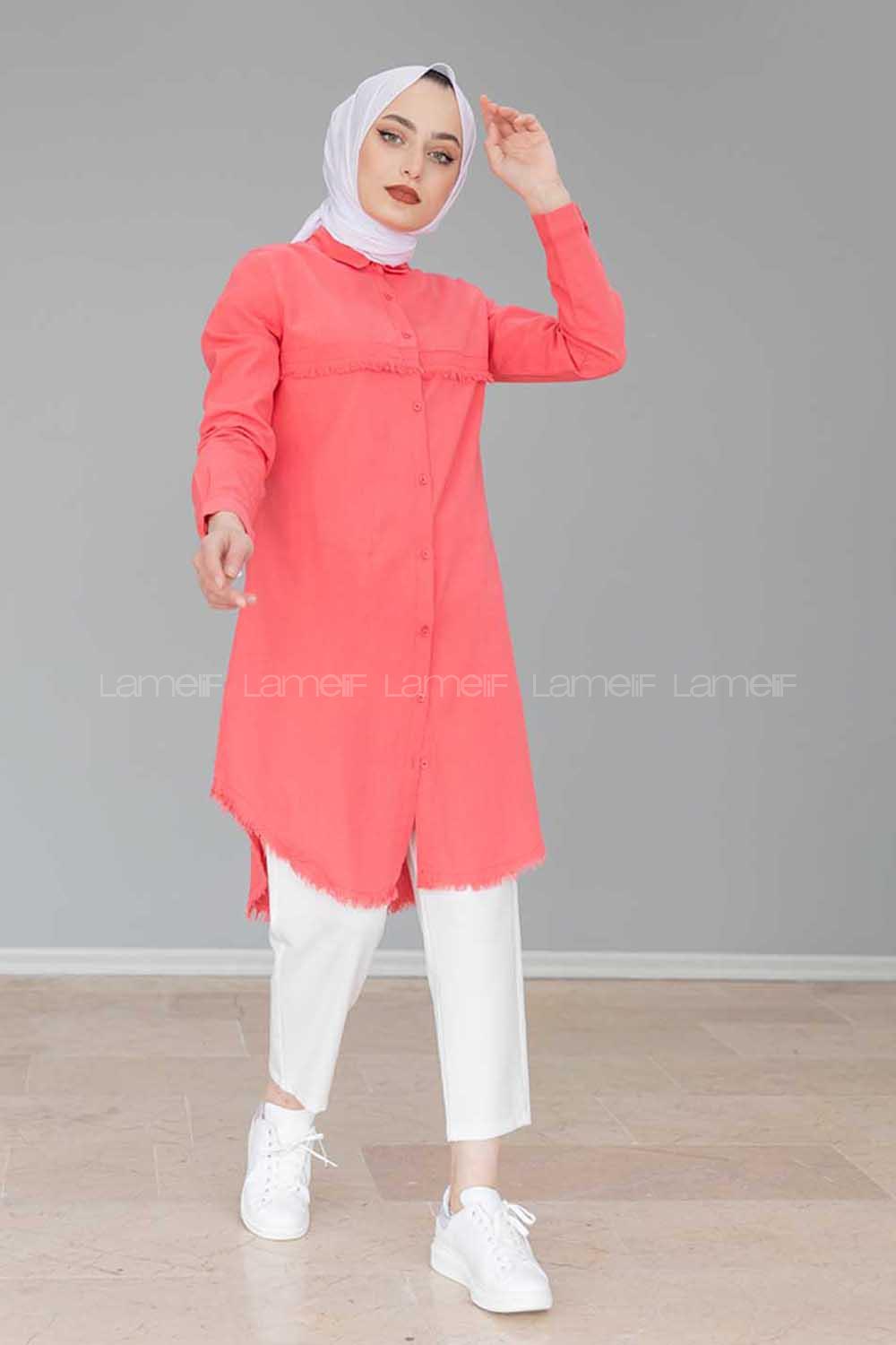 Modalamelif Eteği Saçaklı Gömlek Şeker Pembesi