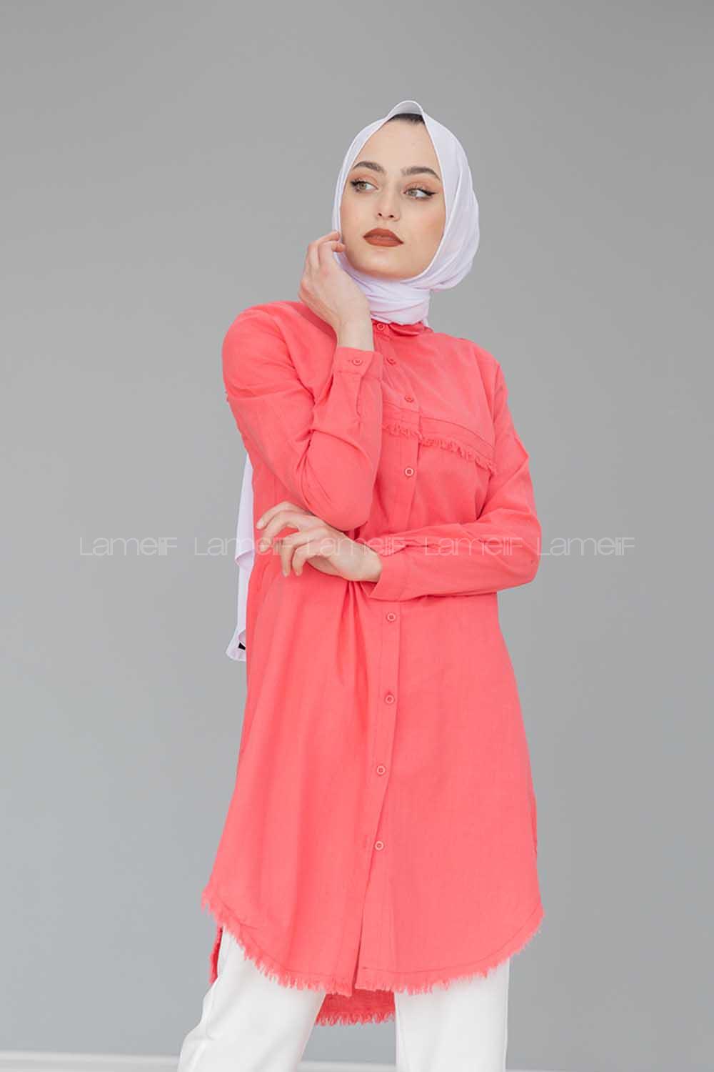 Modalamelif Eteği Saçaklı Gömlek Şeker Pembesi