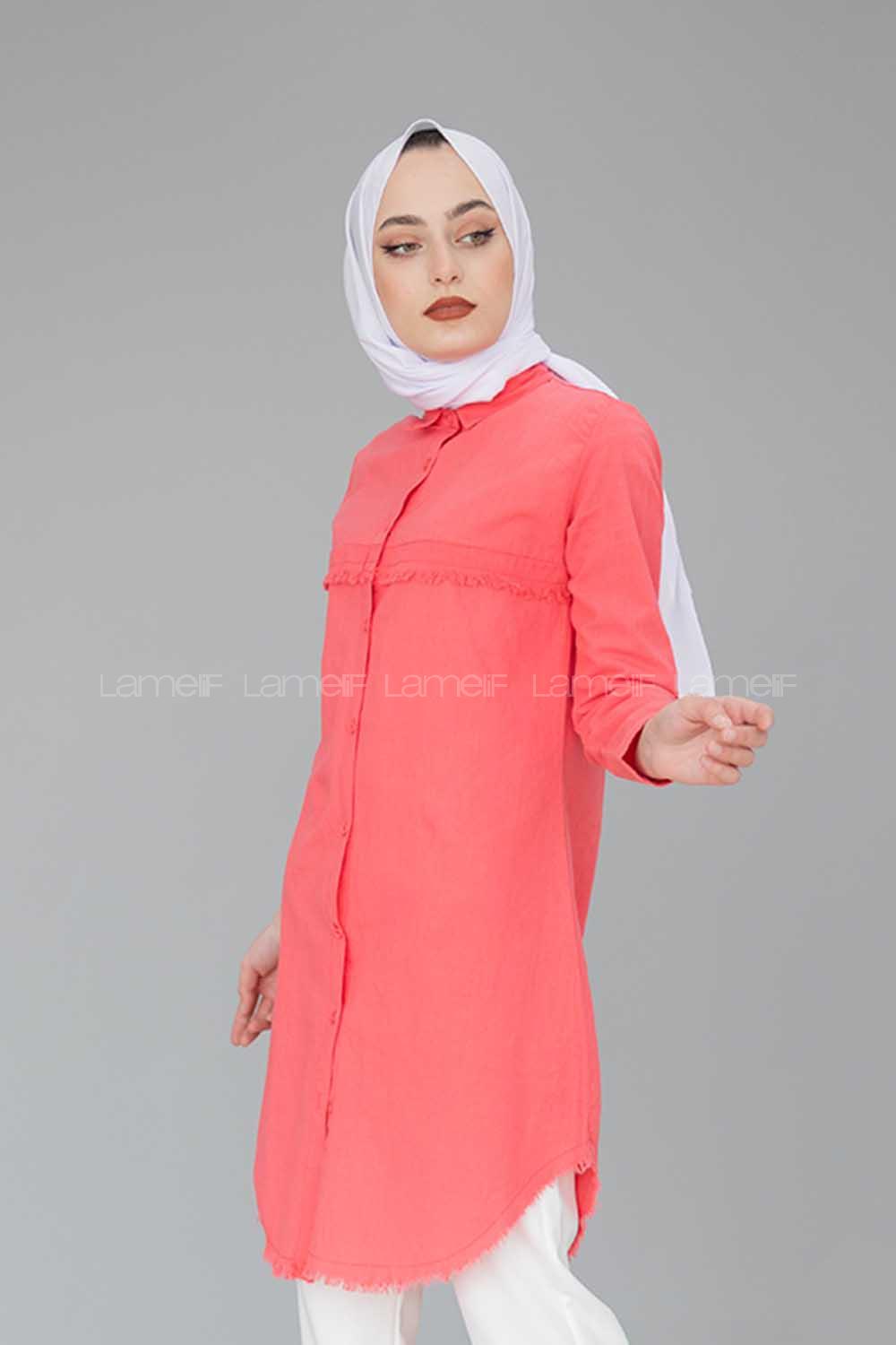 Modalamelif Eteği Saçaklı Gömlek Şeker Pembesi