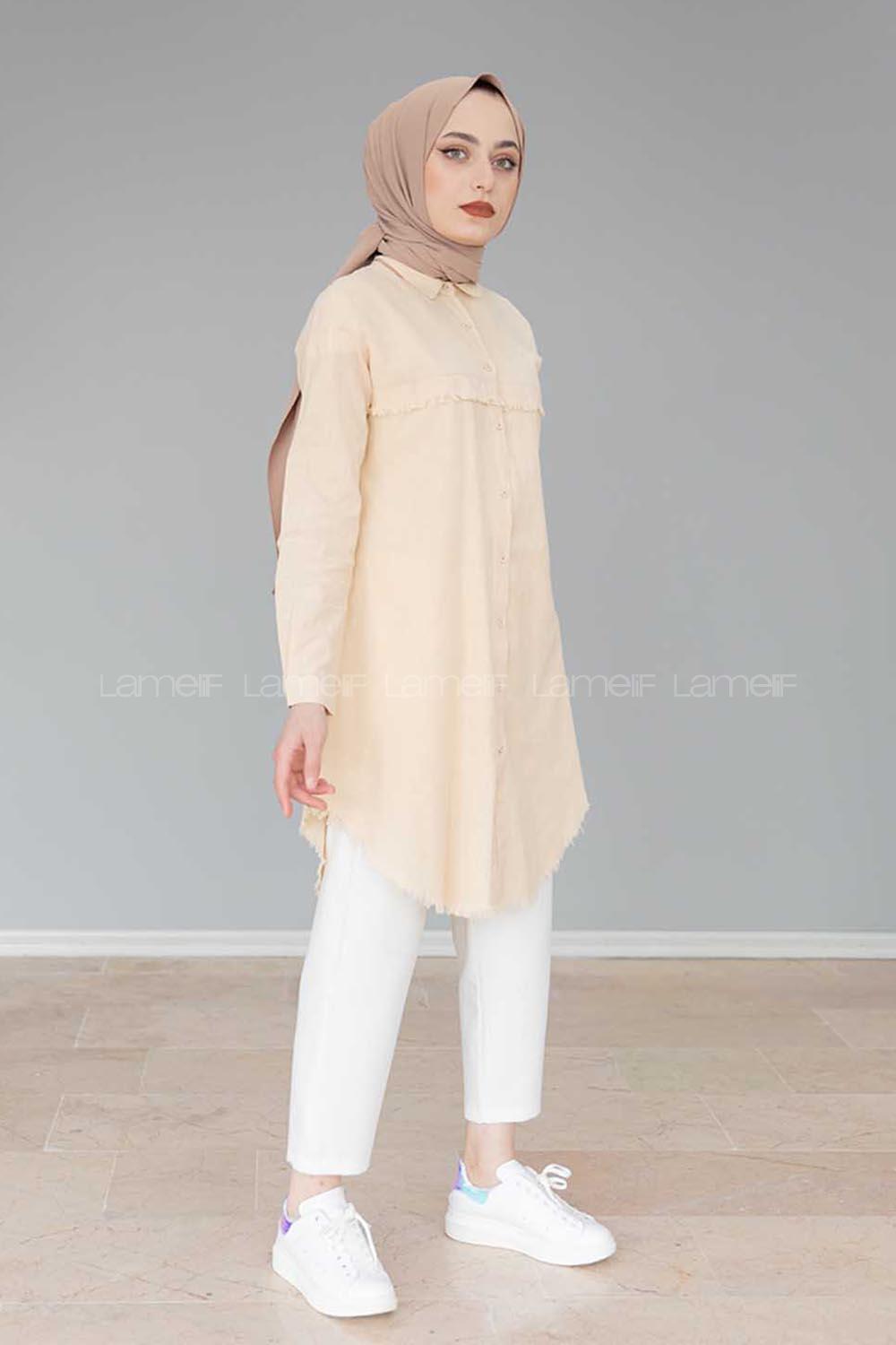 Modalamelif Eteği Saçaklı Gömlek Taş Rengi
