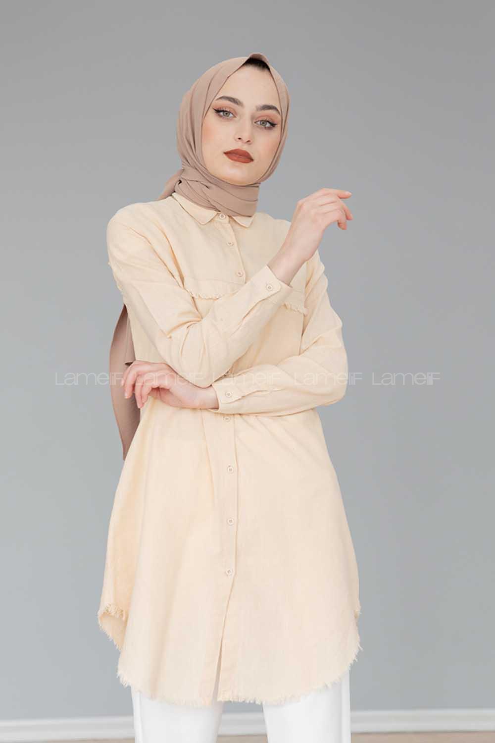 Modalamelif Eteği Saçaklı Gömlek Taş Rengi