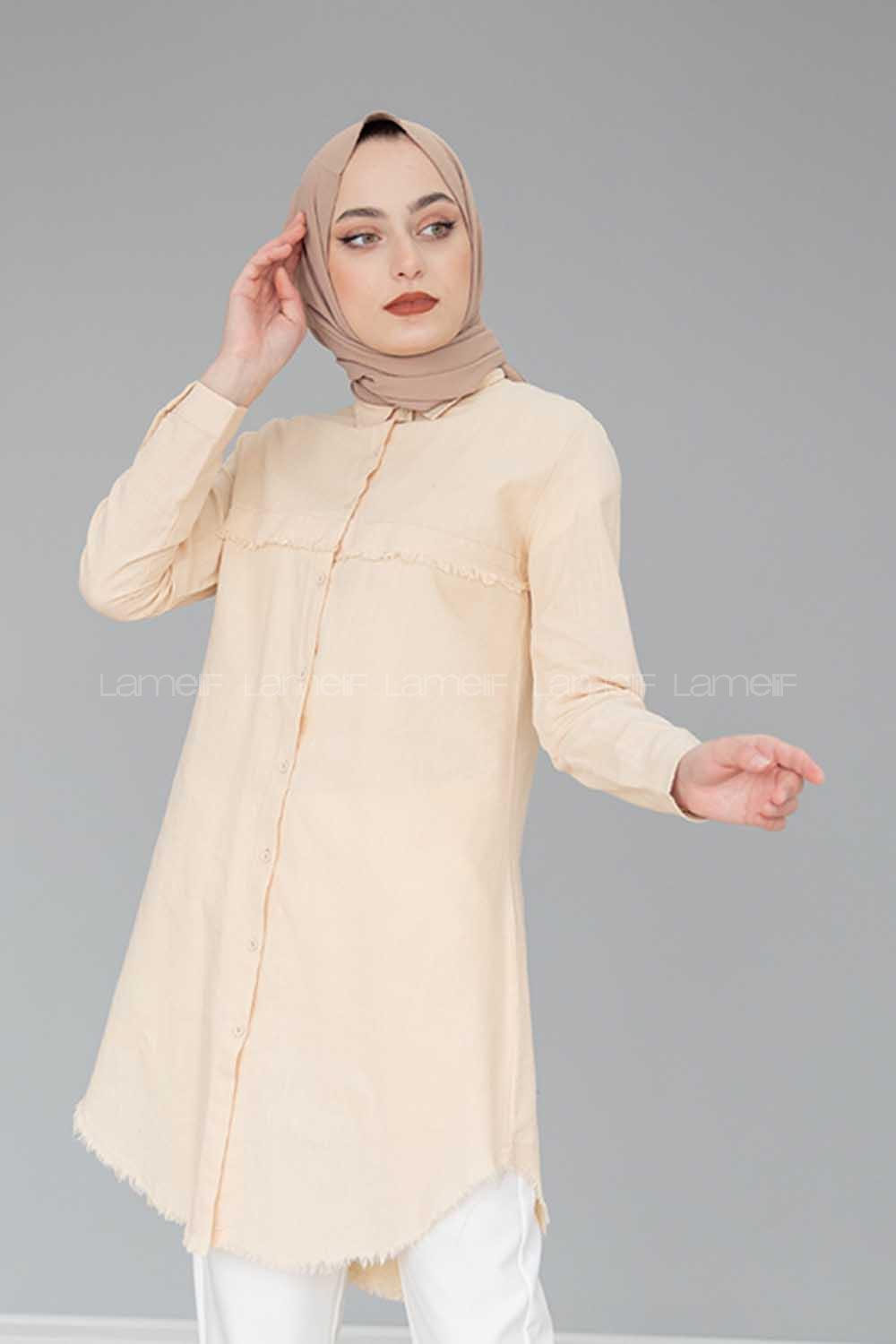 Modalamelif Eteği Saçaklı Gömlek Taş Rengi