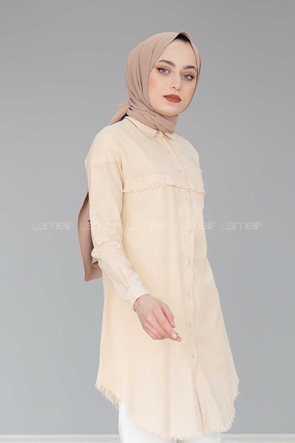 Modalamelif Eteği Saçaklı Gömlek Taş Rengi