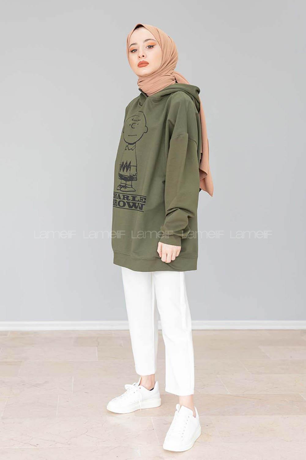 Modalamelif Karikatür Baskılı Kapşonlu Sweat Haki