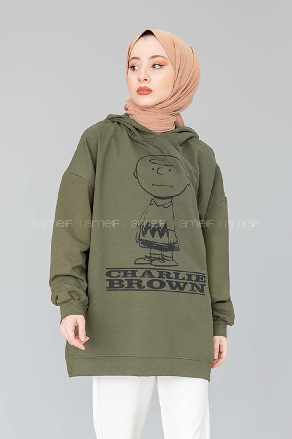 Modalamelif Karikatür Baskılı Kapşonlu Sweat Haki