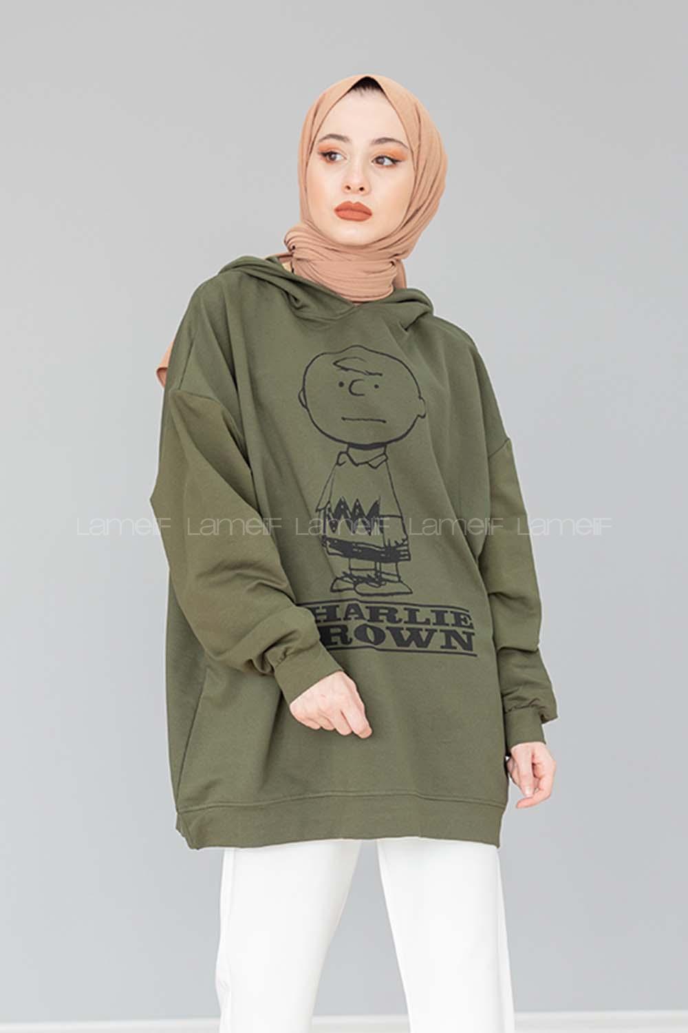 Modalamelif Karikatür Baskılı Kapşonlu Sweat Haki