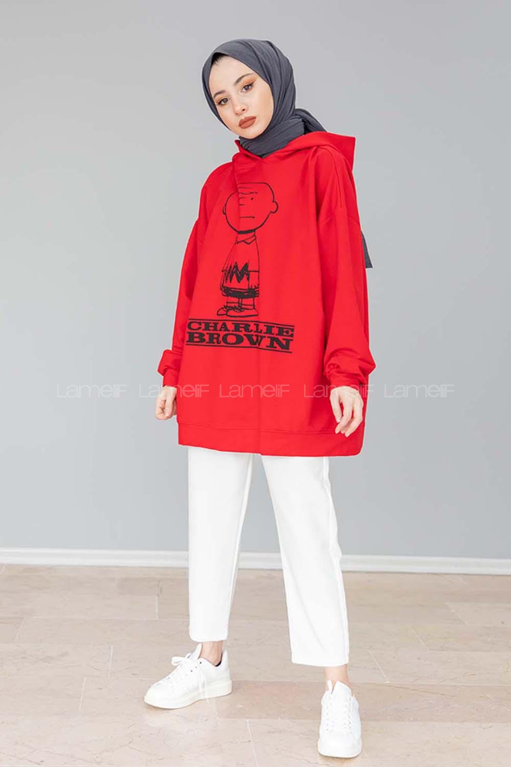Modalamelif Karikatür Baskılı Kapşonlu Sweat Kırmızı