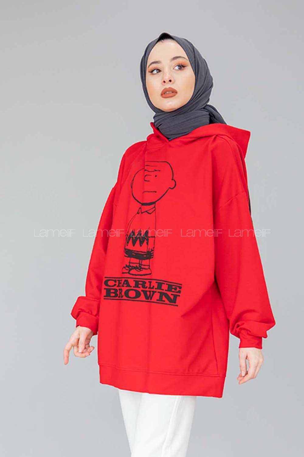 Modalamelif Karikatür Baskılı Kapşonlu Sweat Kırmızı
