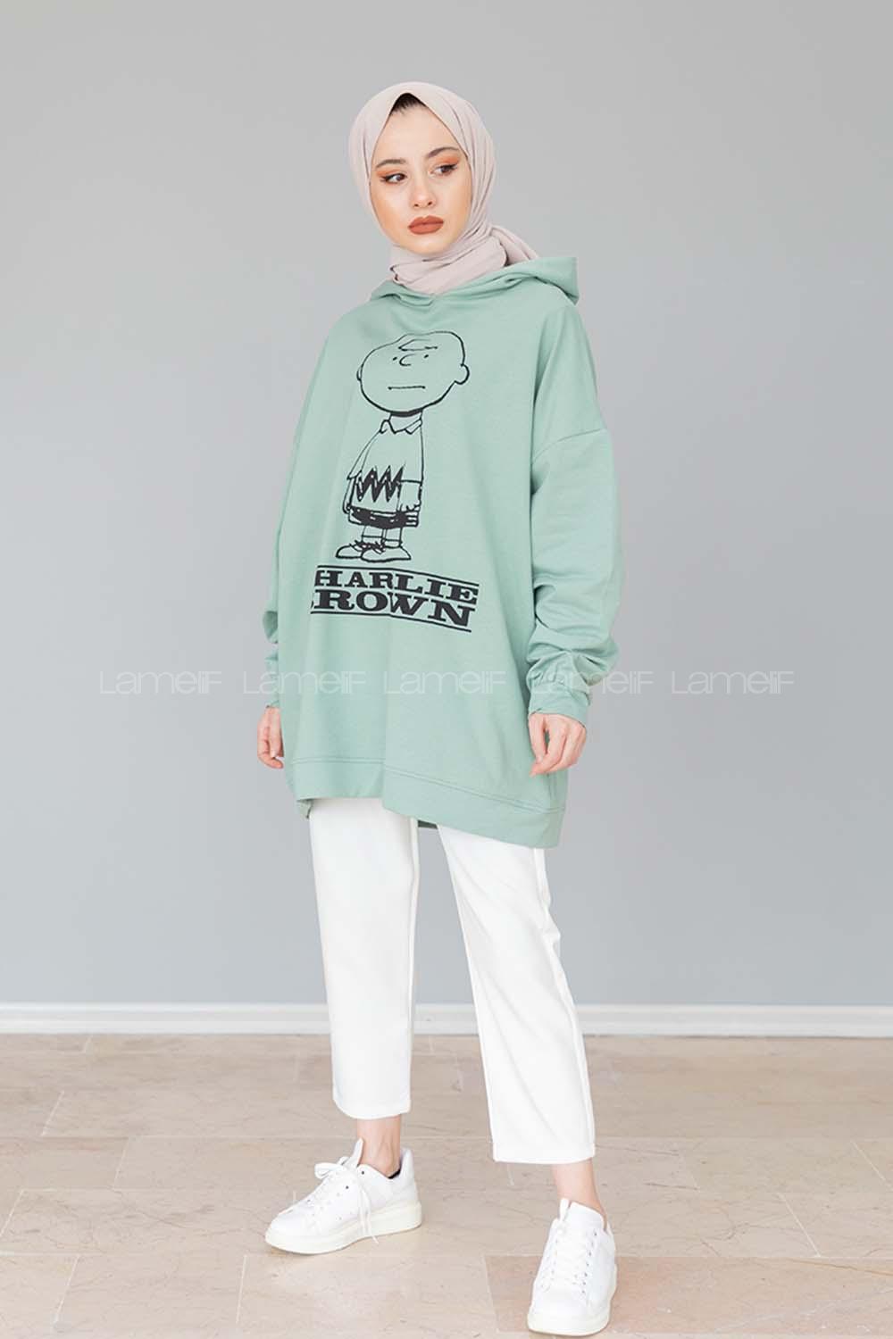 Modalamelif Karikatür Baskılı Kapşonlu Sweat  Mint Yeşili