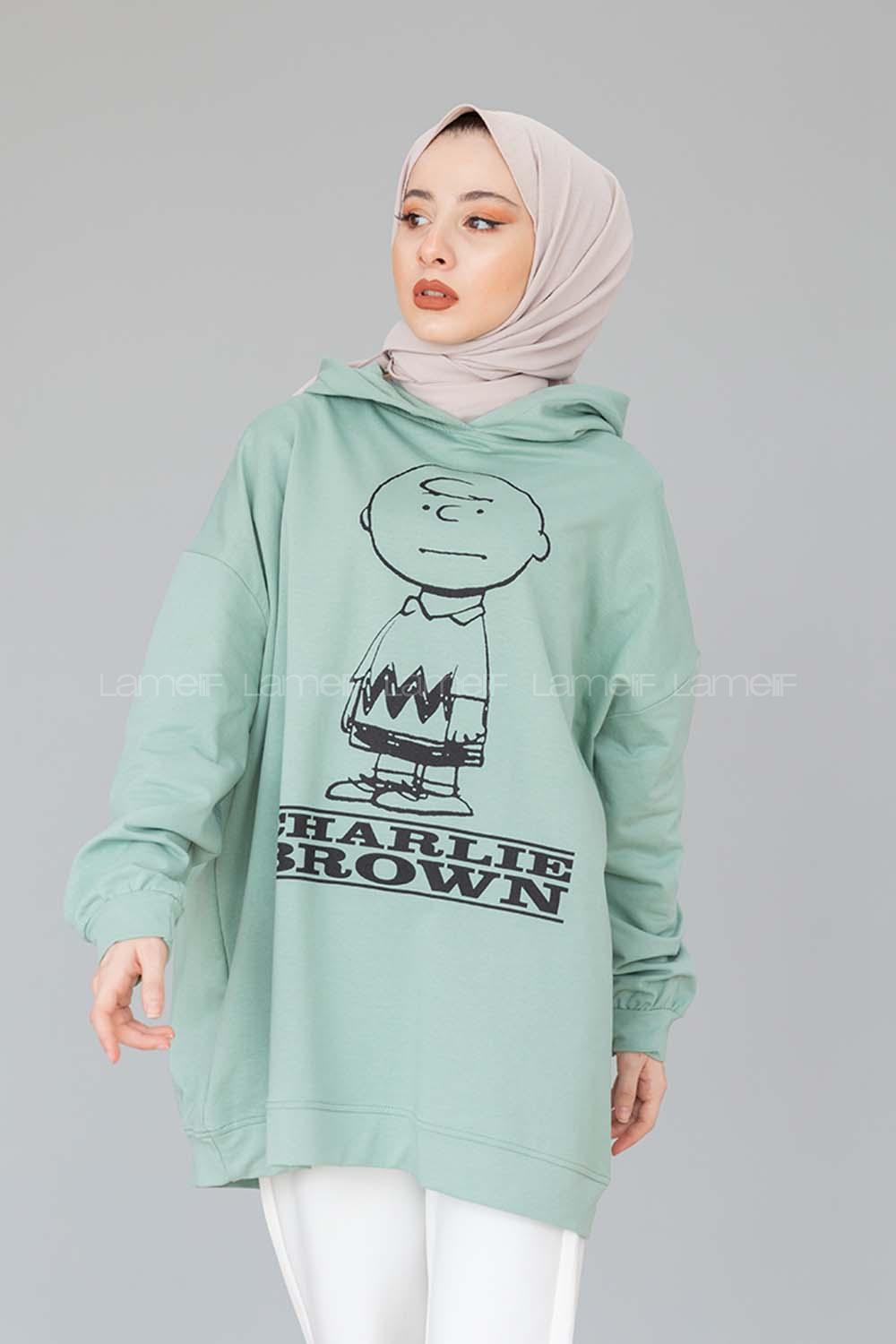 Modalamelif Karikatür Baskılı Kapşonlu Sweat  Mint Yeşili