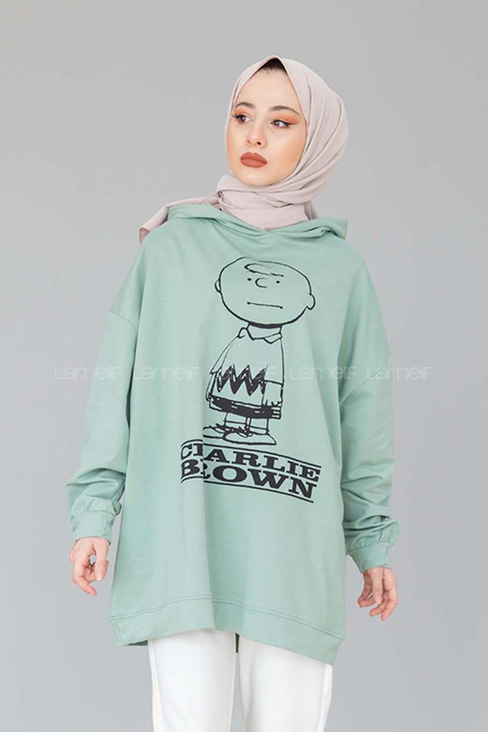 Modalamelif Karikatür Baskılı Kapşonlu Sweat  Mint Yeşili