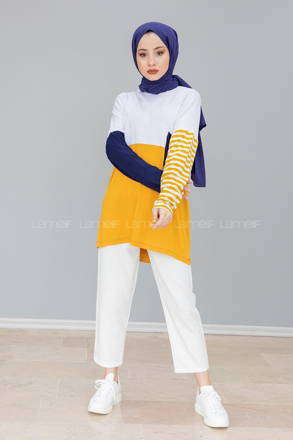 Modalamelif Tek Cepli  Garnili Tunik  Hardal Sarısı