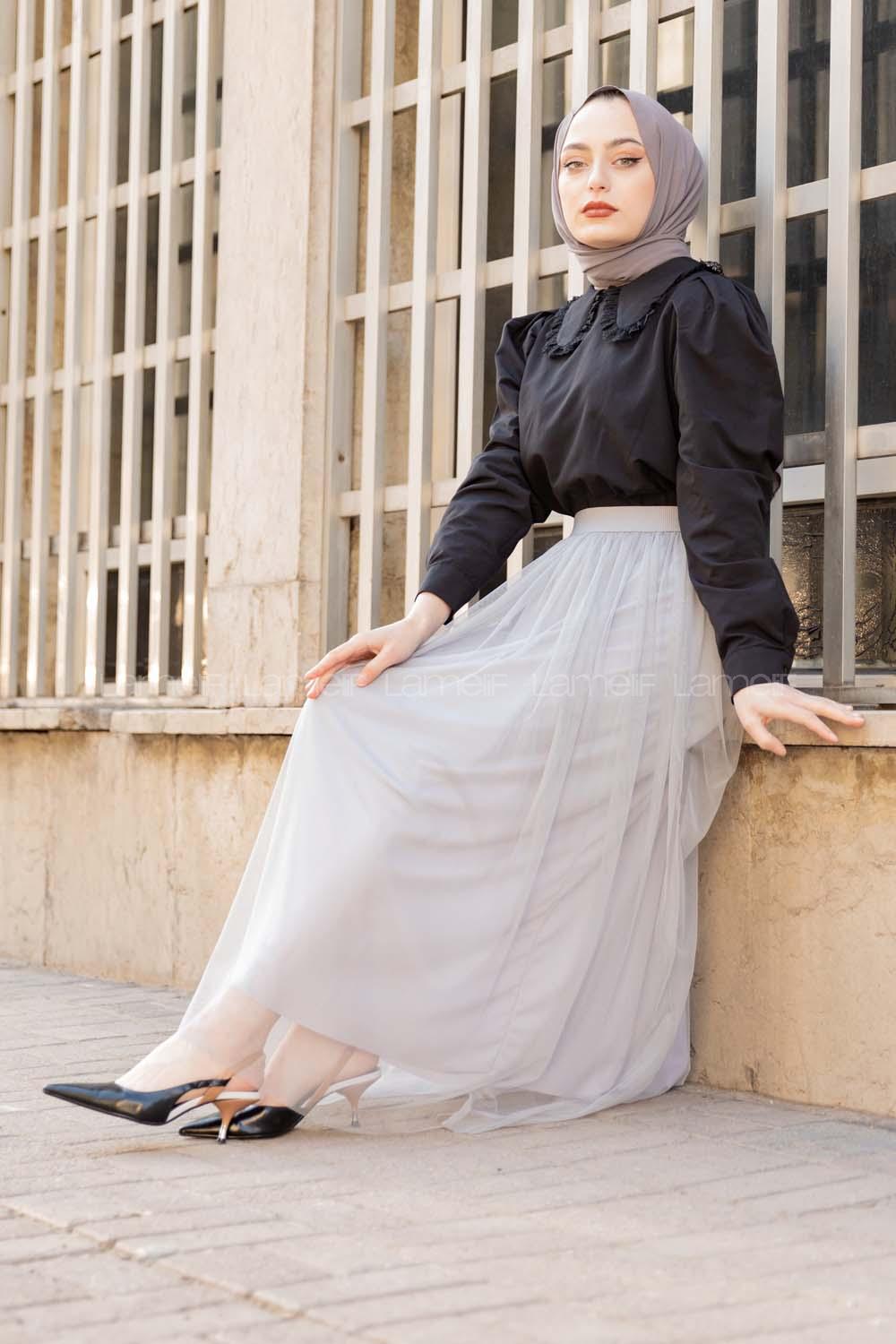 Modalamelif Beli Lastikli Tül Etek Gri