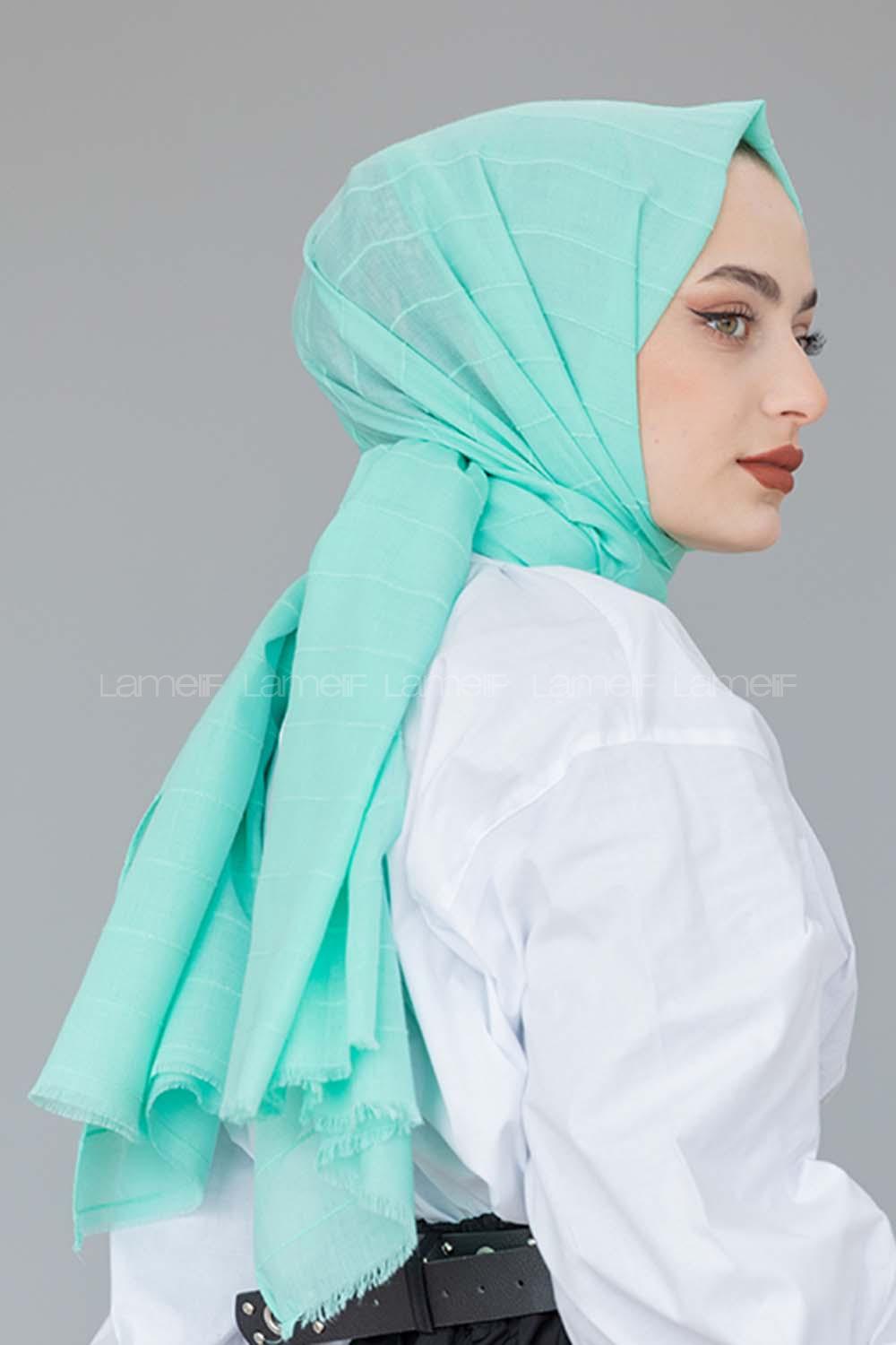 Lamelif Su Yeşili Çizgi Dokuma Şal