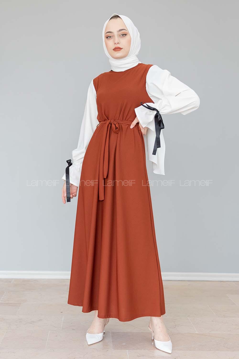 Modalamelif Balon Kol Kemerli  Elbise Acı Kahve