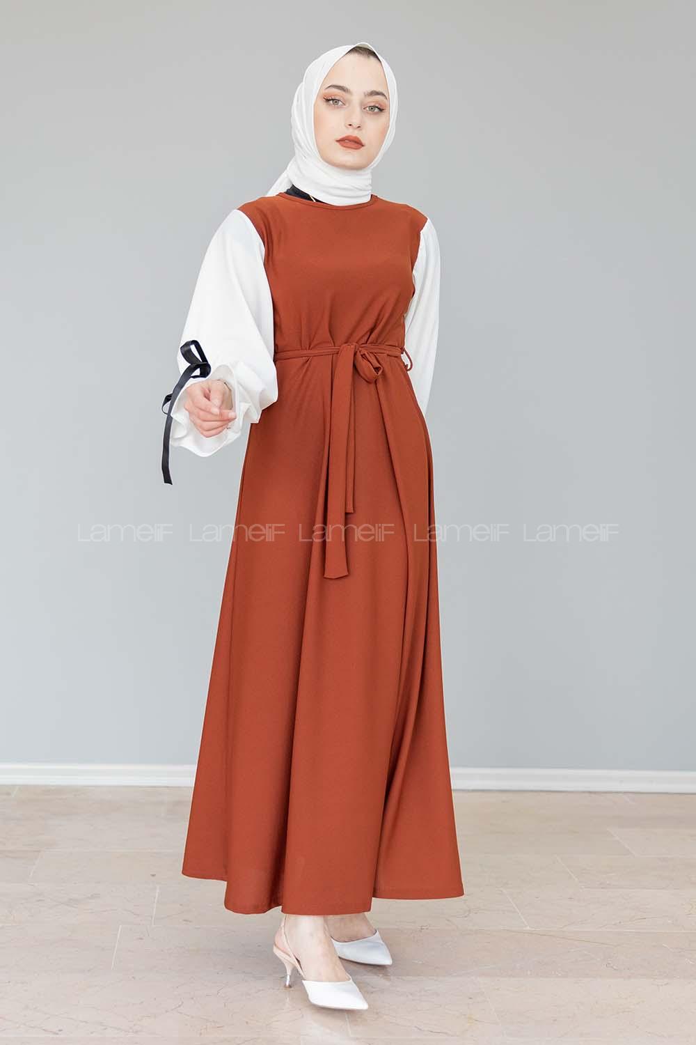 Modalamelif Balon Kol Kemerli  Elbise Acı Kahve