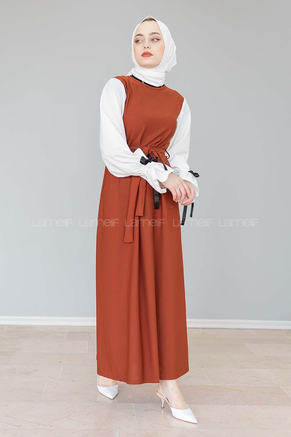 Modalamelif Balon Kol Kemerli  Elbise Acı Kahve