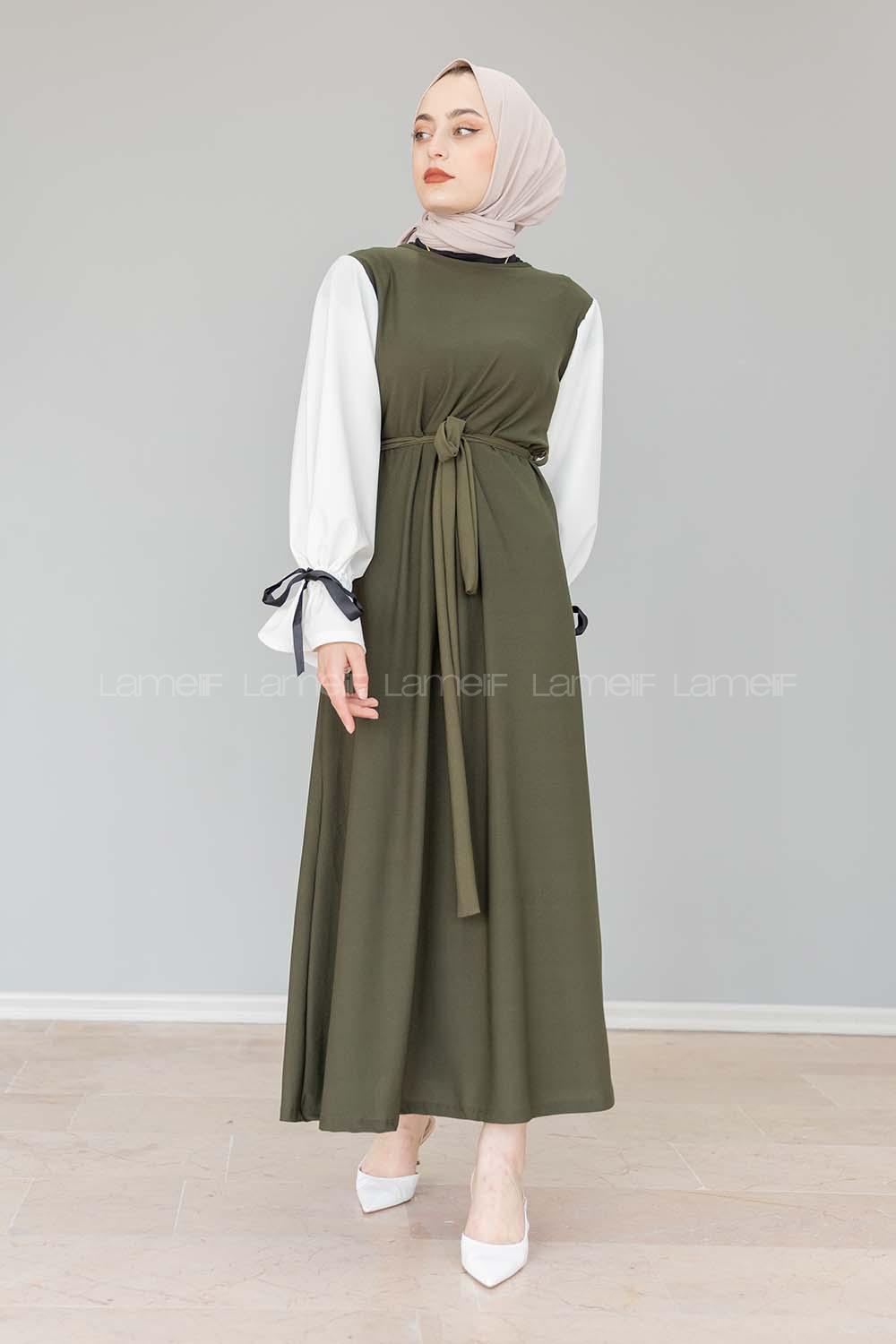 Modalamelif Balon Kol Kemerli  Elbise Haki