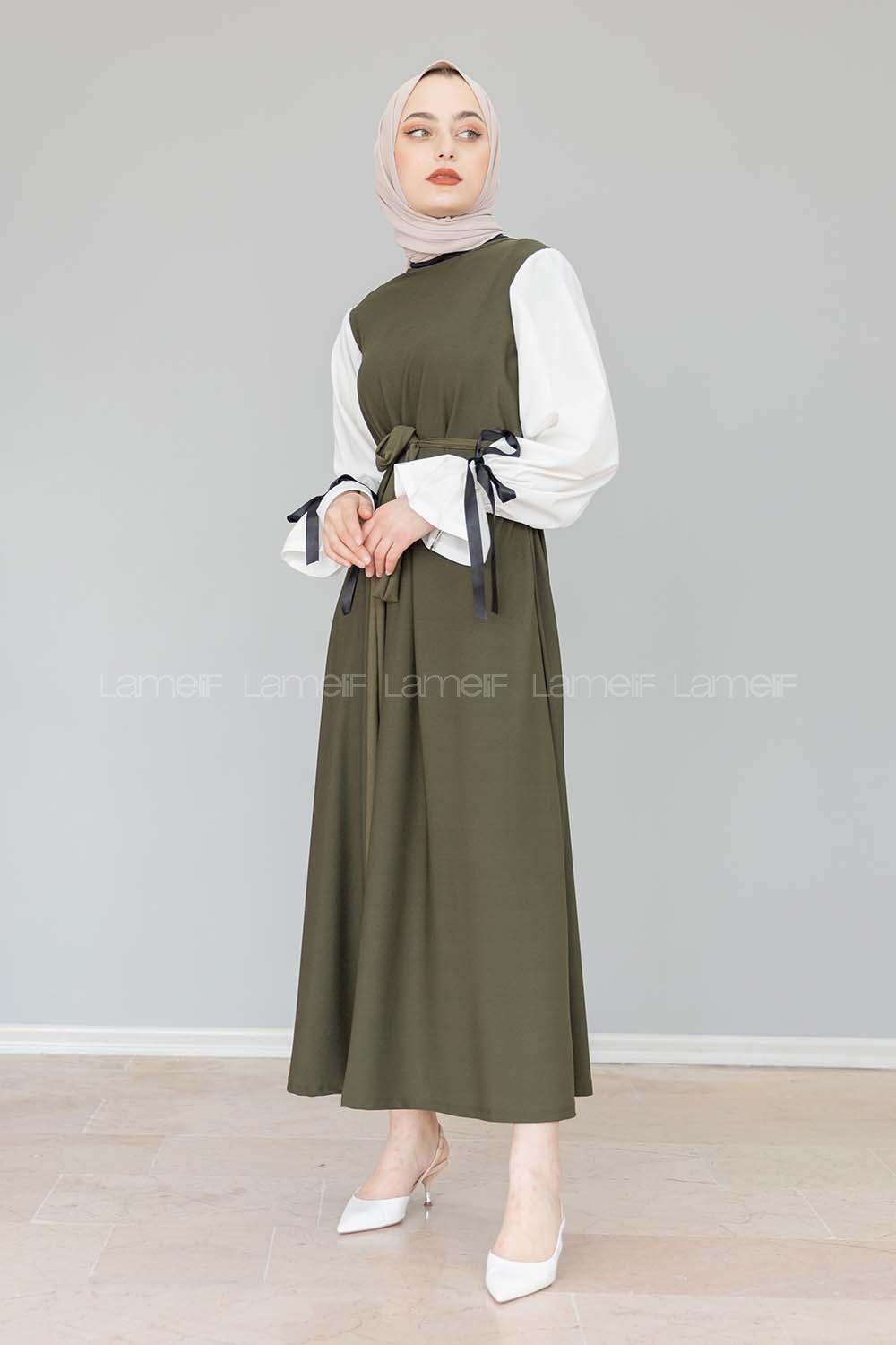 Modalamelif Balon Kol Kemerli  Elbise Haki