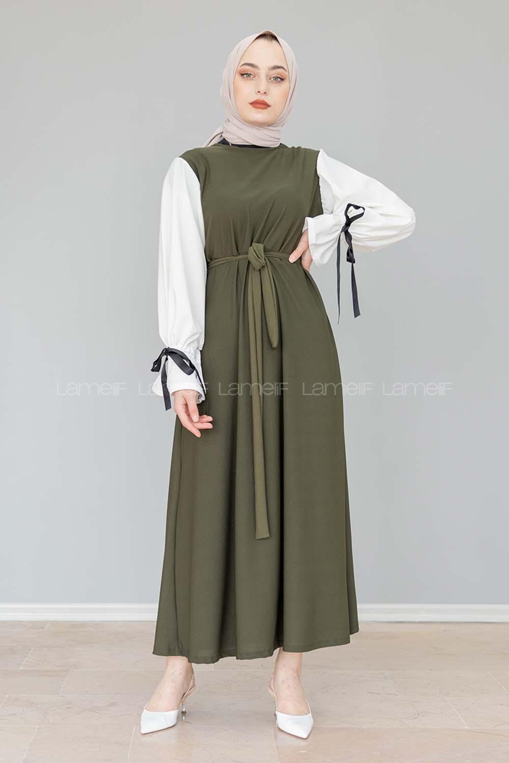 Modalamelif Balon Kol Kemerli  Elbise Haki