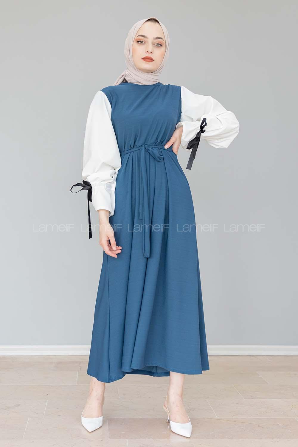 Modalamelif Balon Kol Kemerli  Elbise İndigo