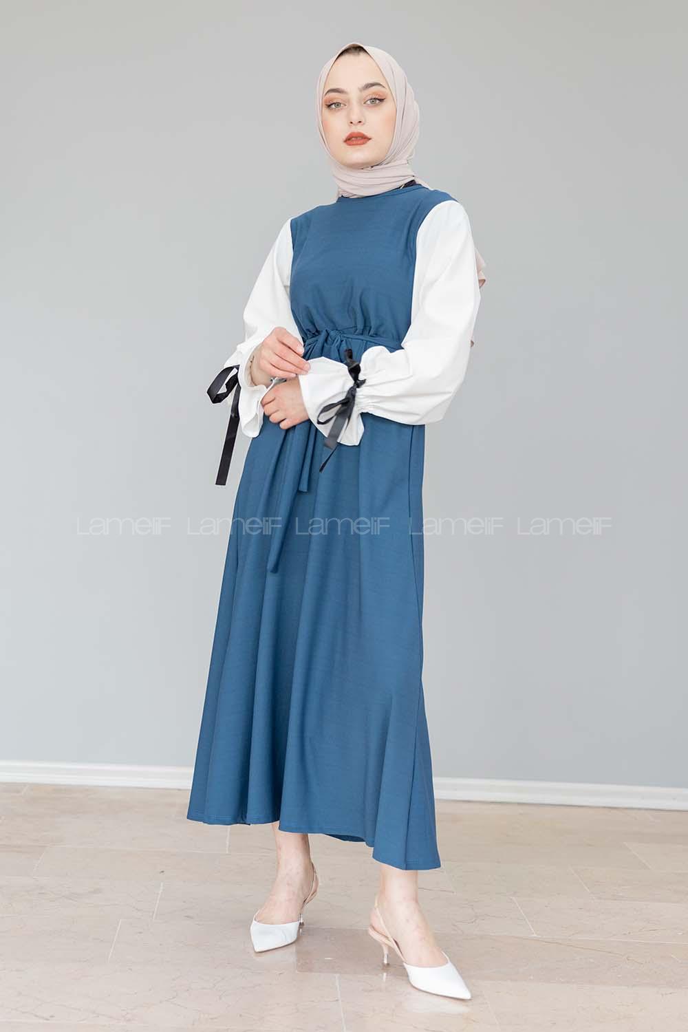 Modalamelif Balon Kol Kemerli  Elbise İndigo