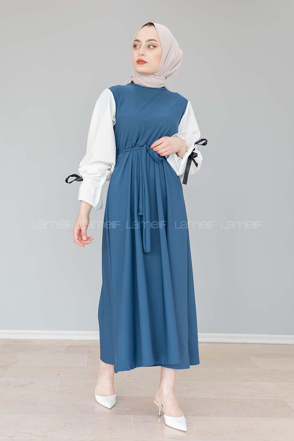 Modalamelif Balon Kol Kemerli  Elbise İndigo