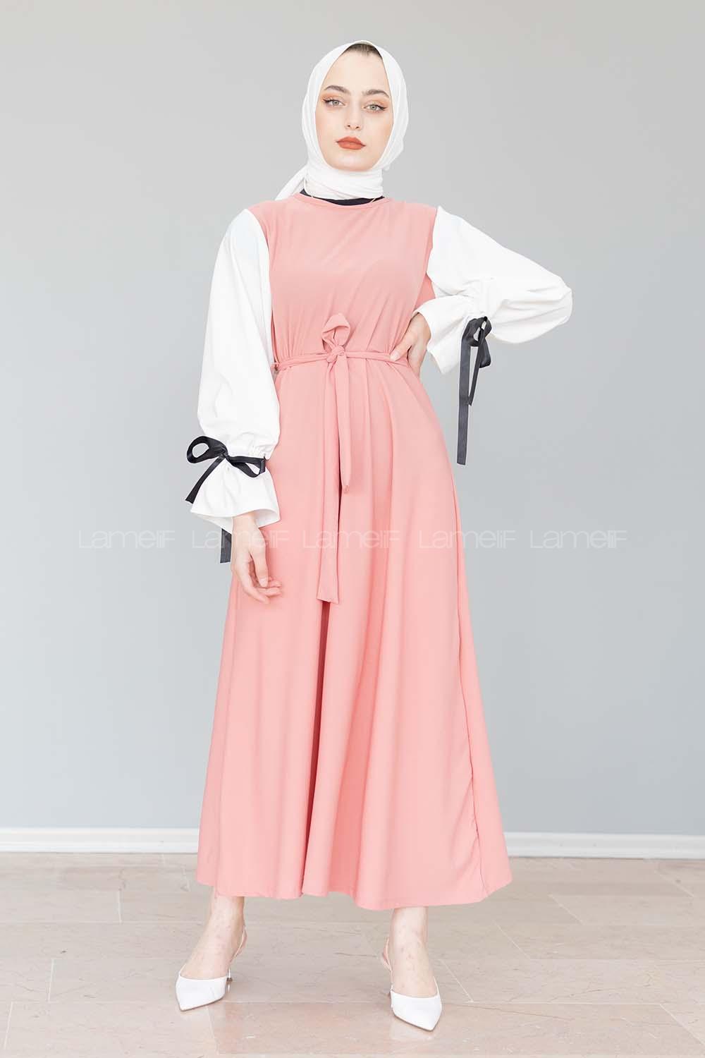 Modalamelif Balon Kol Kemerli  Elbise Pudra