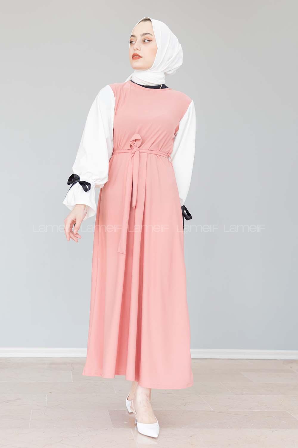 Modalamelif Balon Kol Kemerli  Elbise Pudra