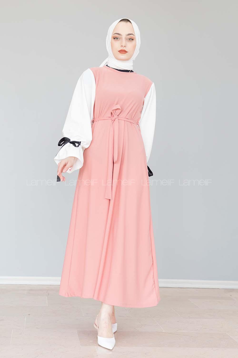 Modalamelif Balon Kol Kemerli  Elbise Pudra