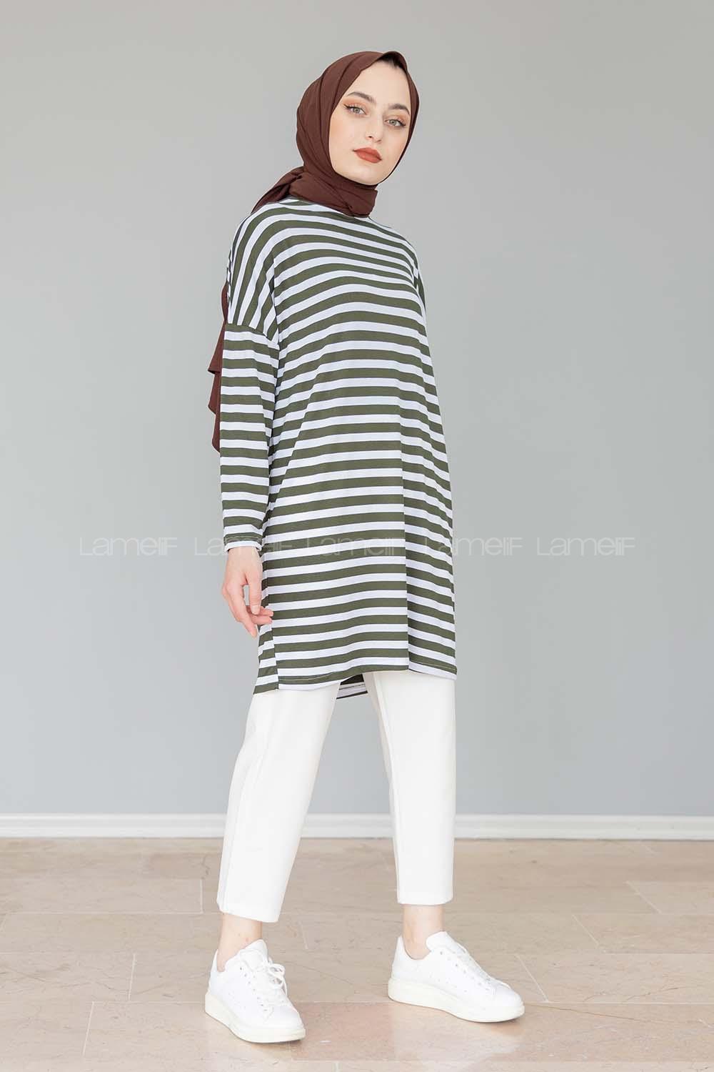 Modalamelif Bisiklet Yaka  Çizgili Sweat Shirt  Asker Yeşili