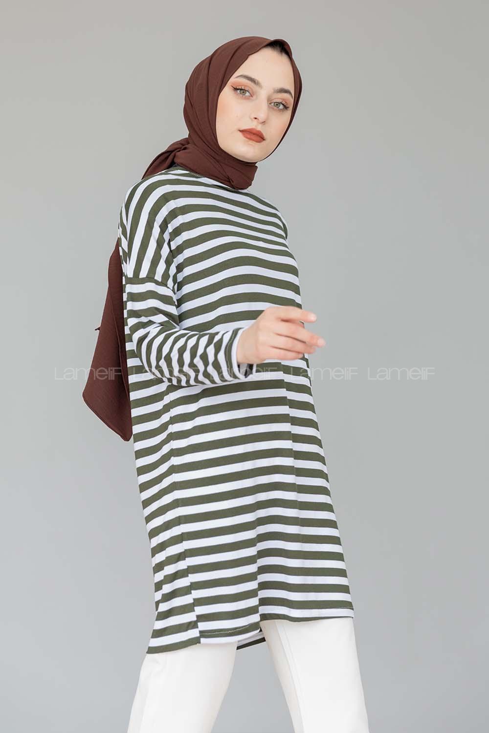 Modalamelif Bisiklet Yaka  Çizgili Sweat Shirt  Asker Yeşili