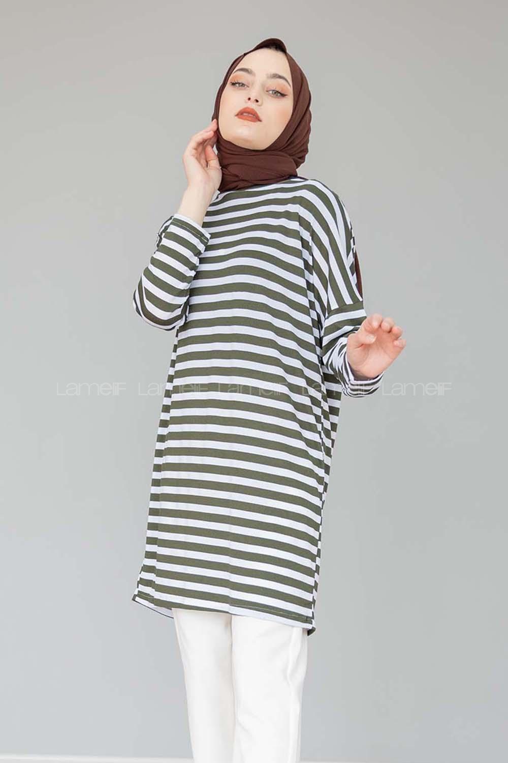 Modalamelif Bisiklet Yaka  Çizgili Sweat Shirt  Asker Yeşili