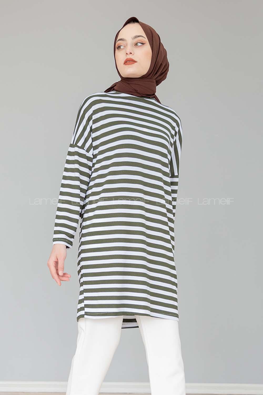 Modalamelif Bisiklet Yaka  Çizgili Sweat Shirt  Asker Yeşili