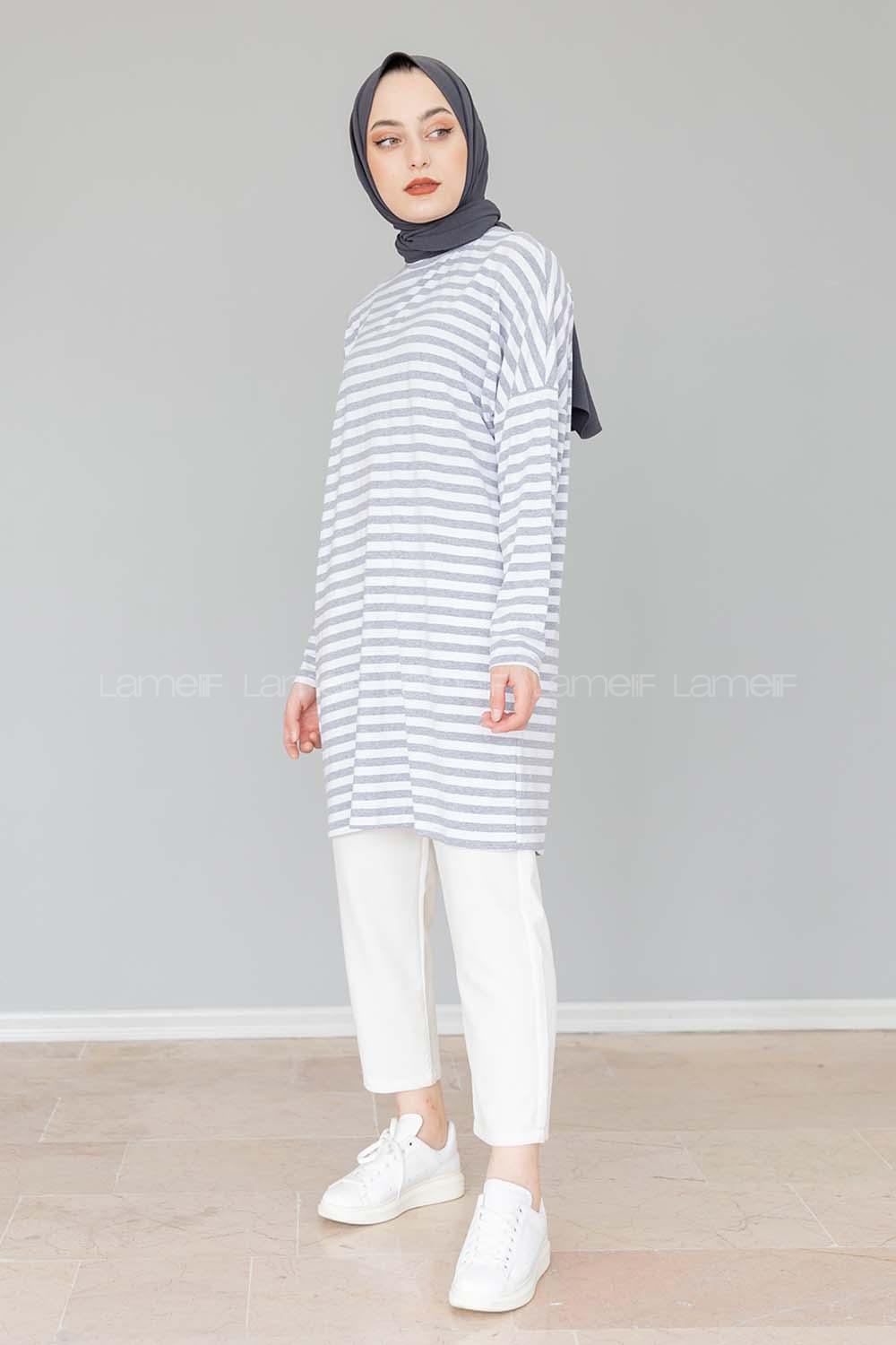 Modalamelif Bisiklet Yaka  Çizgili Sweat Shirt Gri