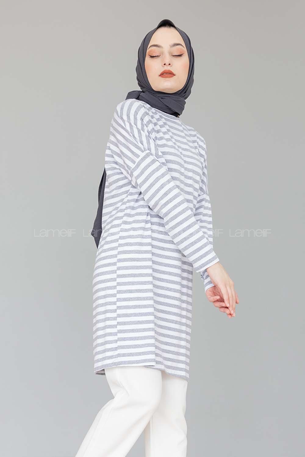 Modalamelif Bisiklet Yaka  Çizgili Sweat Shirt Gri