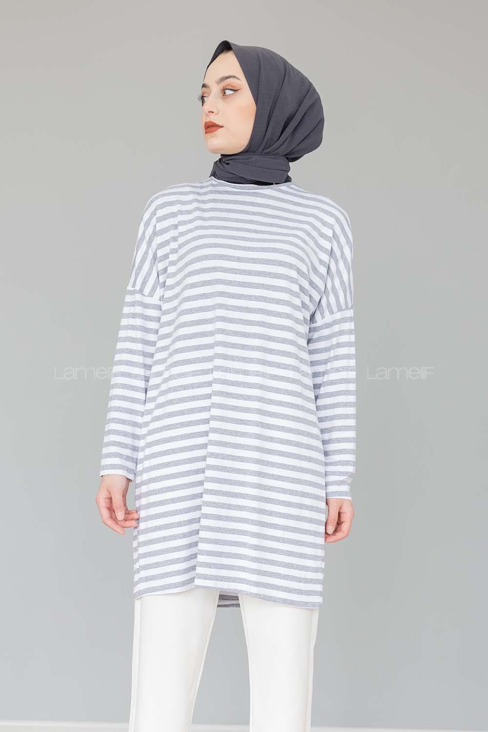 Modalamelif Bisiklet Yaka  Çizgili Sweat Shirt Gri