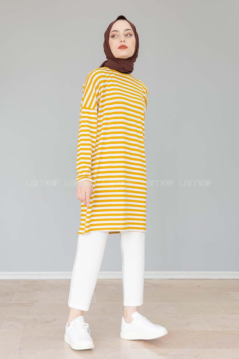 Modalamelif Bisiklet Yaka  Çizgili Sweat Shirt Hardal Sarısı