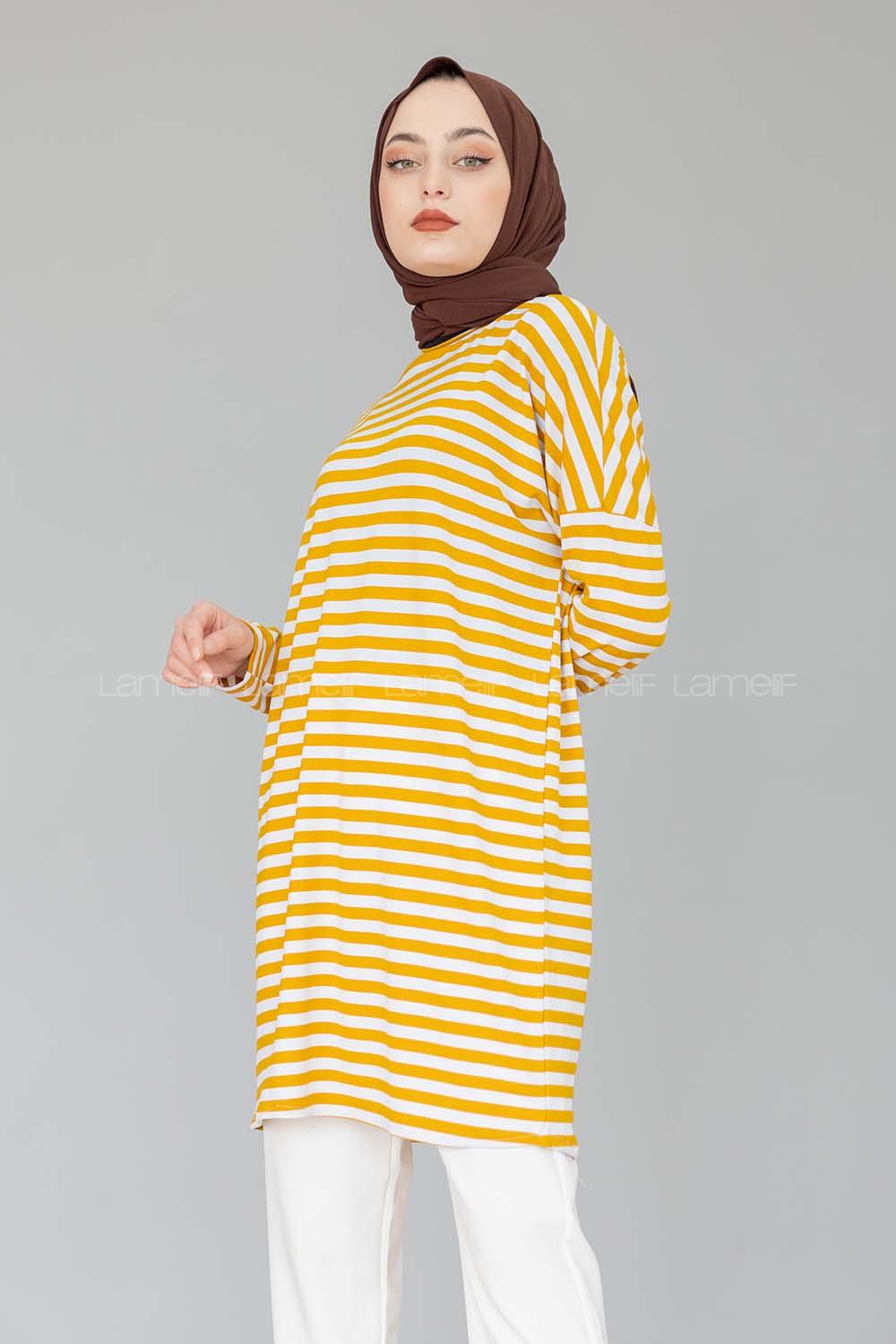 Modalamelif Bisiklet Yaka  Çizgili Sweat Shirt Hardal Sarısı