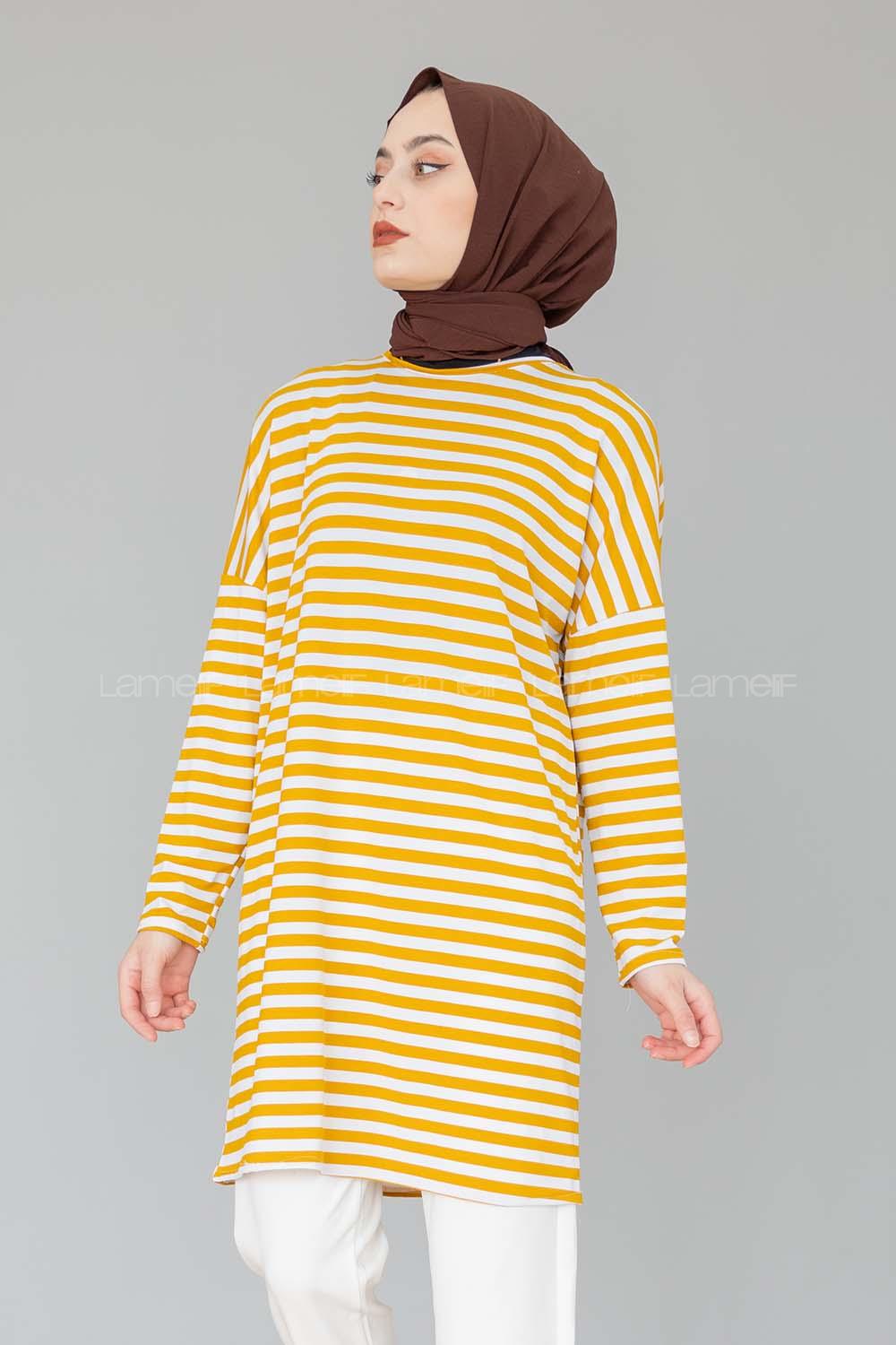 Modalamelif Bisiklet Yaka  Çizgili Sweat Shirt Hardal Sarısı