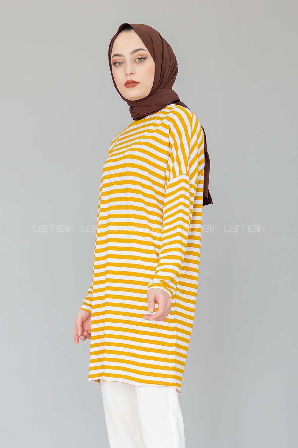 Modalamelif Bisiklet Yaka  Çizgili Sweat Shirt Hardal Sarısı