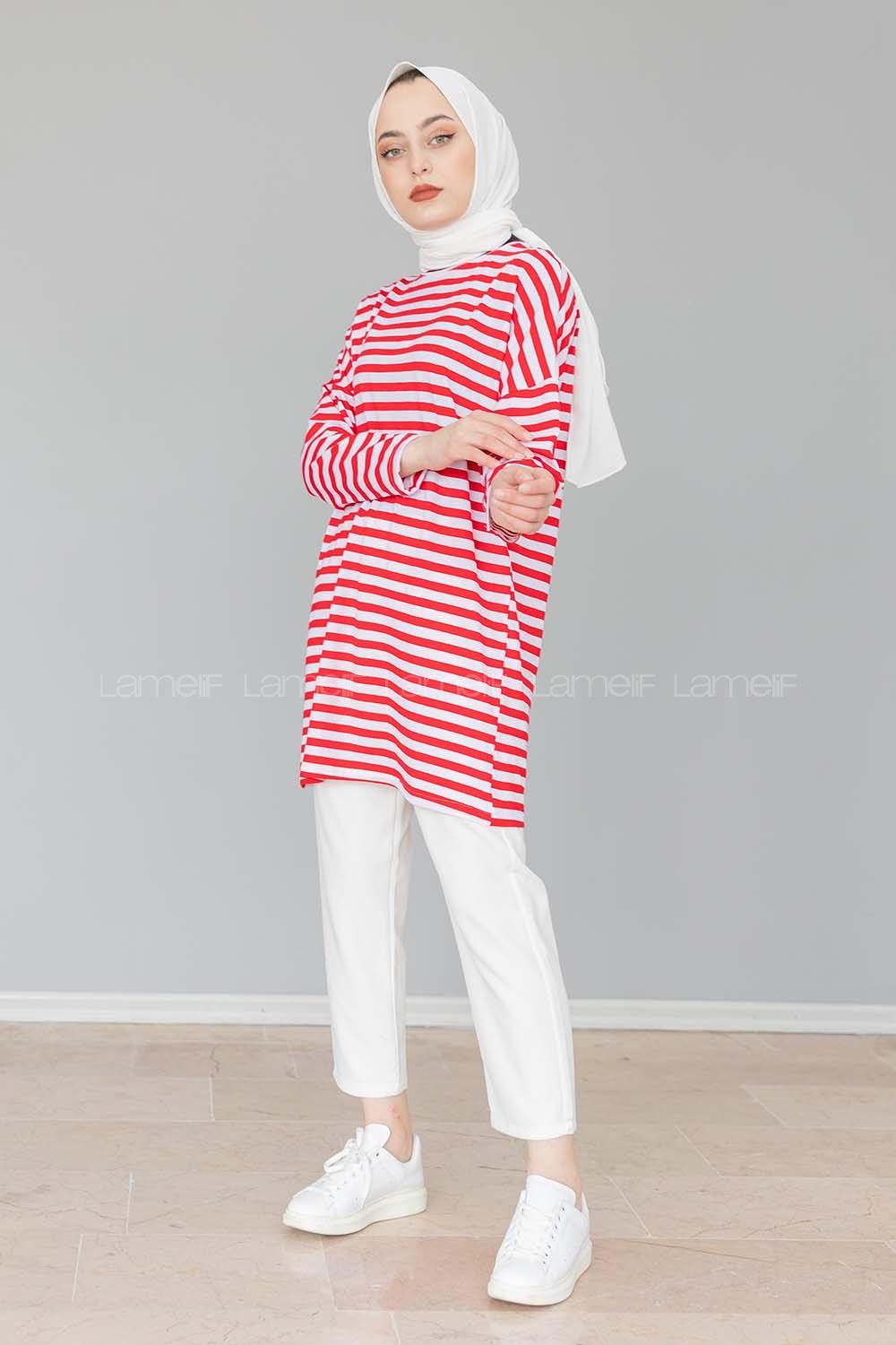 Modalamelif Bisiklet Yaka  Çizgili Sweat Shirt  Kırmızı