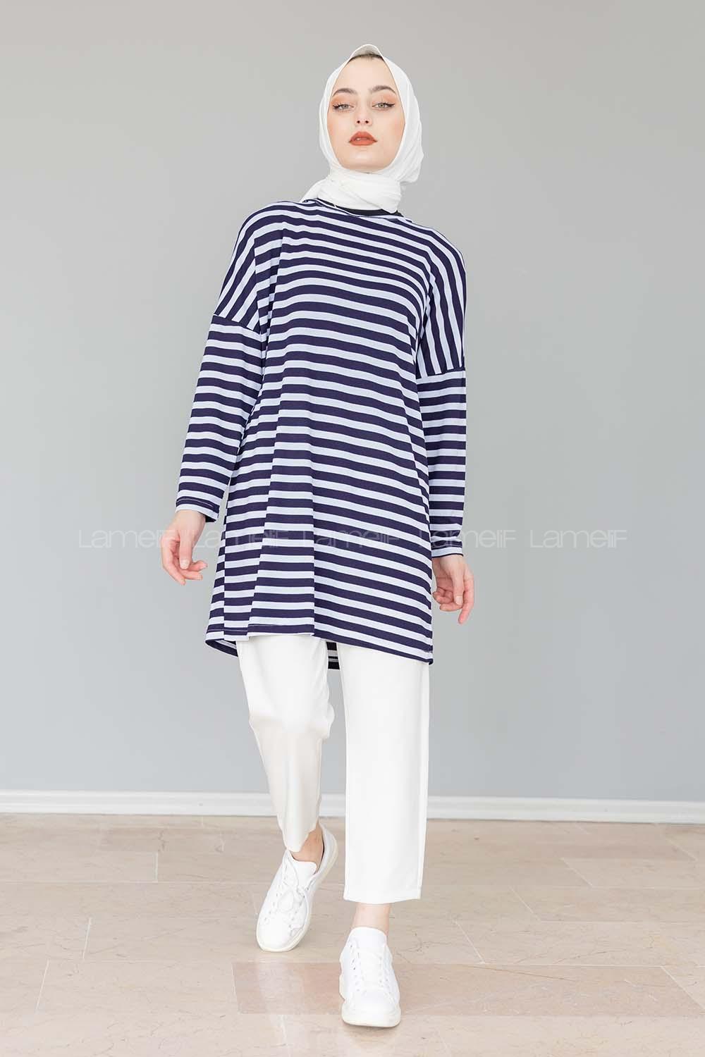 Modalamelif Bisiklet Yaka  Çizgili Sweat Shirt  Lacivert