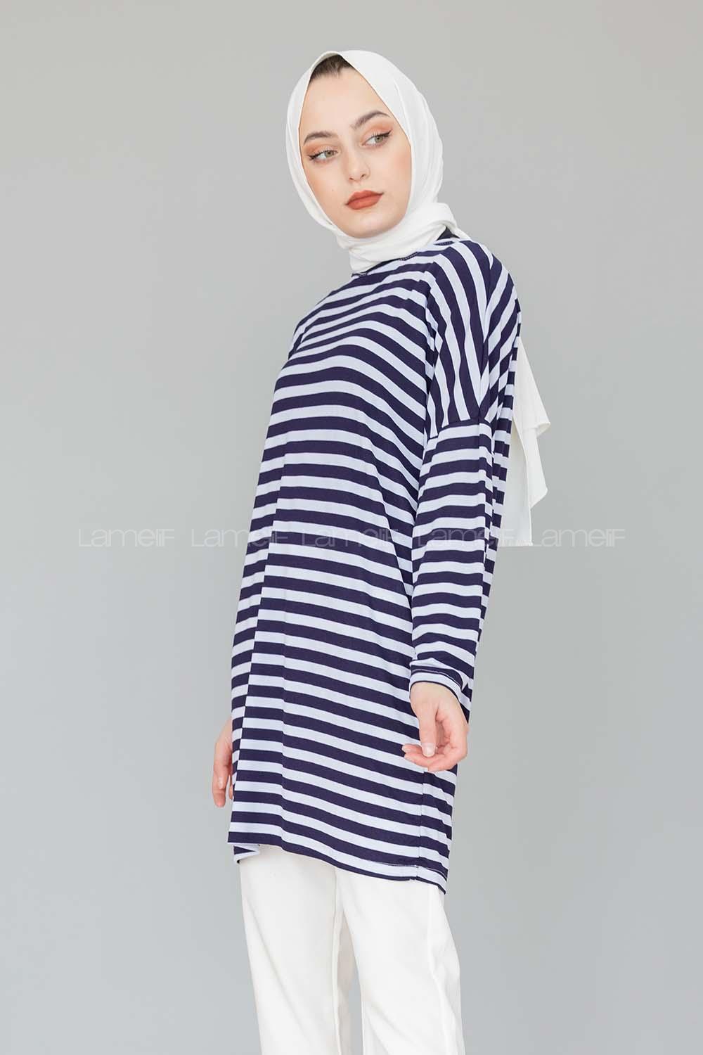 Modalamelif Bisiklet Yaka  Çizgili Sweat Shirt  Lacivert