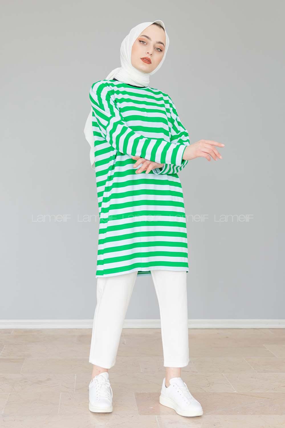 Modalamelif Bisiklet Yaka Kalın  Çizgili Sweat Shirt  Yeşil